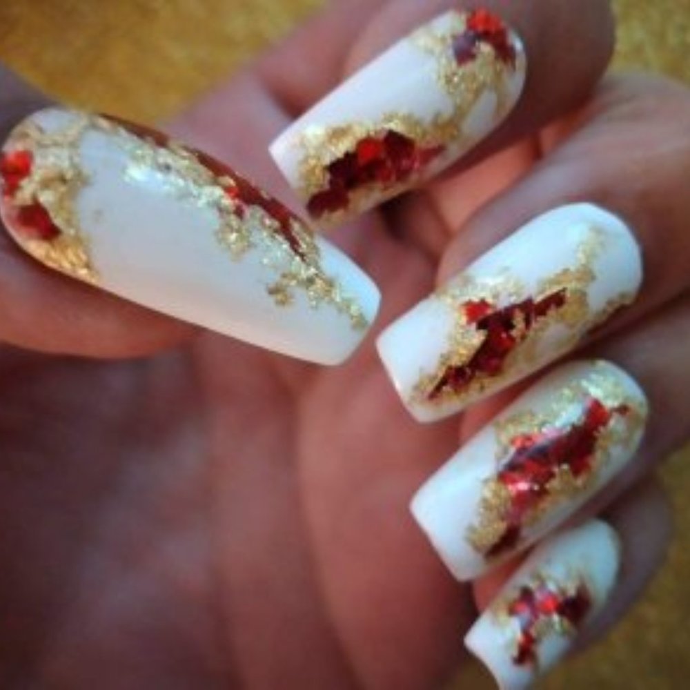 white and red geode med square press on nails acrylic nails